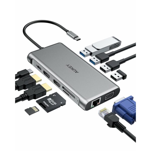 HUB chuyển đa năng AUKEY CBC78 12 in 1 USB C Hub with Gigabit Ethernet, Dual 4K HDMI, VGA Silver